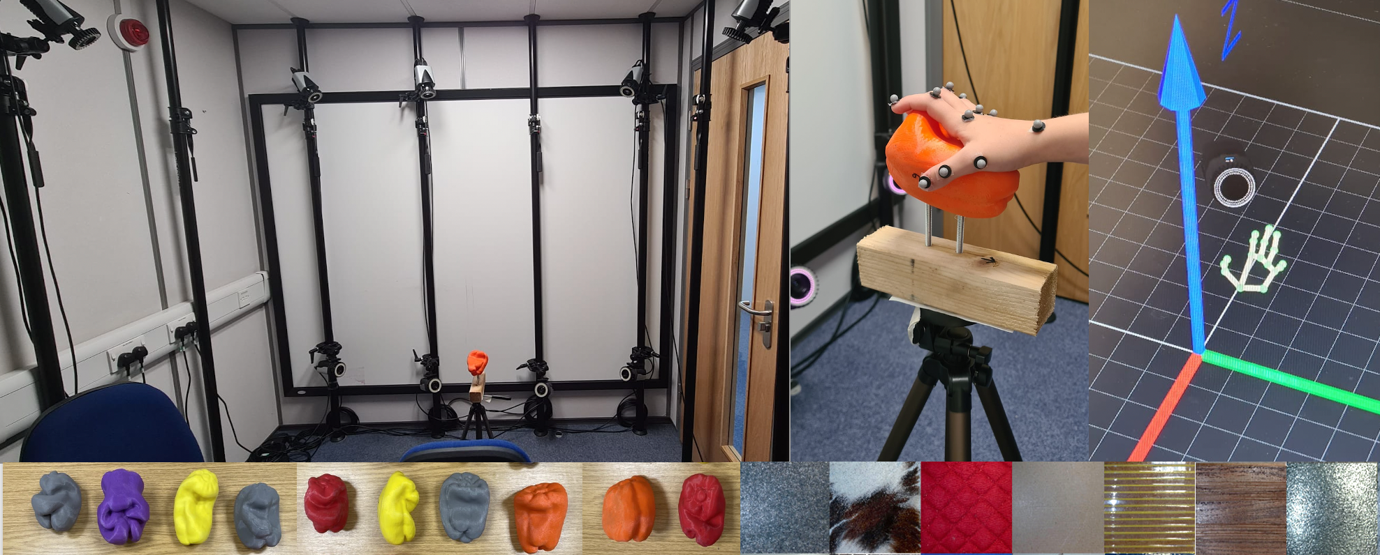 Motion tracking laboratory setup, tracked hand interaction, tracking visualisation, 3D-printed shapes and material samples